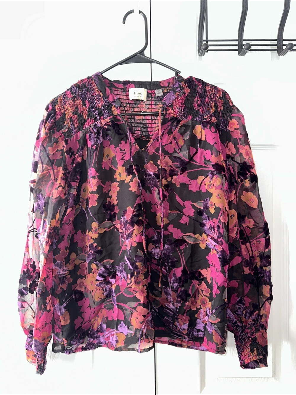 Elle Black Floral Smocked Yoke Blouse with Pink & Purple Print